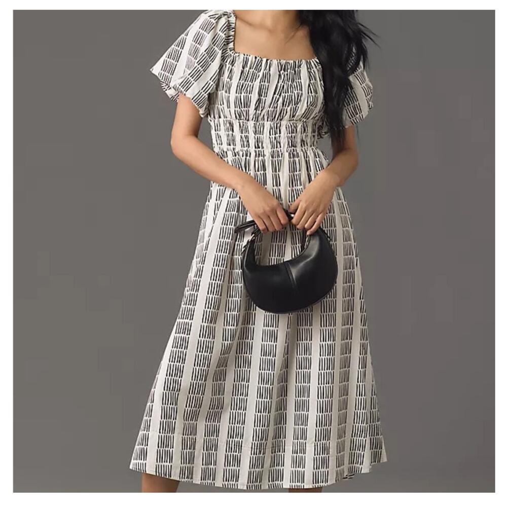 NWT Maeve Anthropologie Black White Boho Puffy Sleeve Peasant Midi Dress Small
